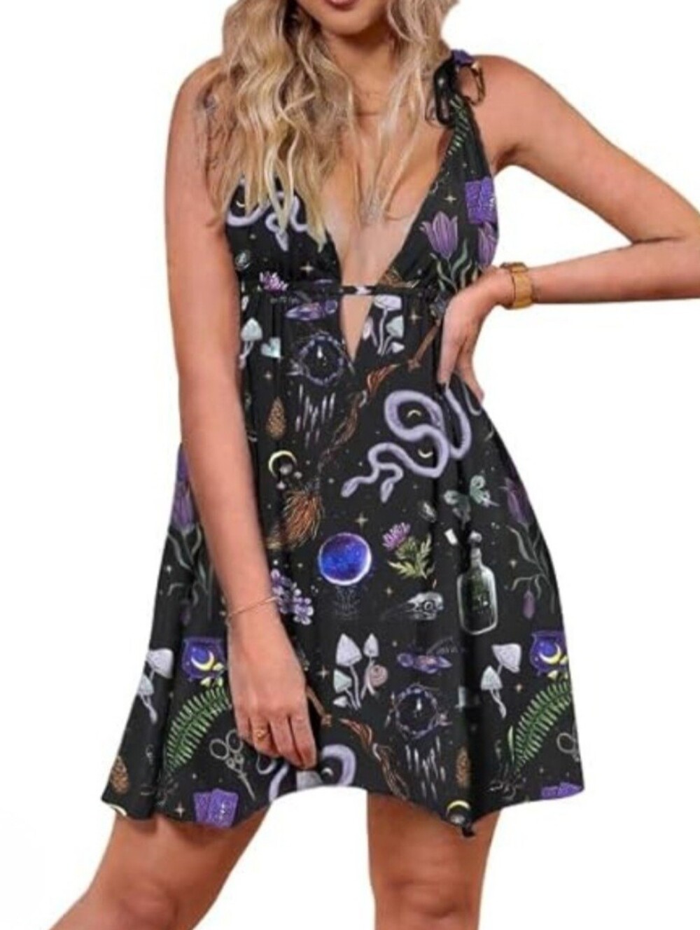 Celestial Witchy Romper Cotton Flowy Shorts Tie Strap A-Line Boho Festival Small
